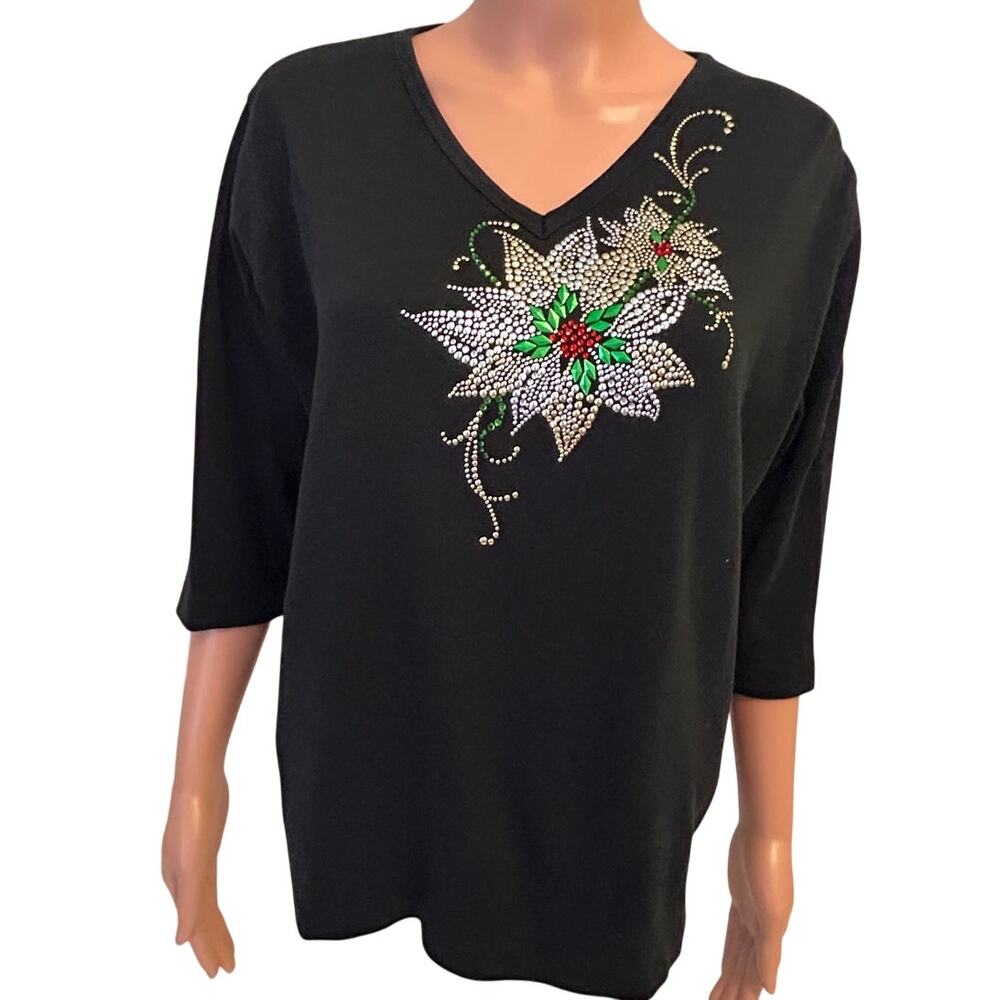 Isaac's Designs Christmas top rhinestones and stud embellished poinsettia